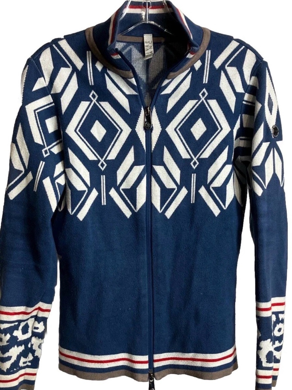 POIVRE BLANC W20-3501-Women’s Blue White Red Knit Jacket Size Large